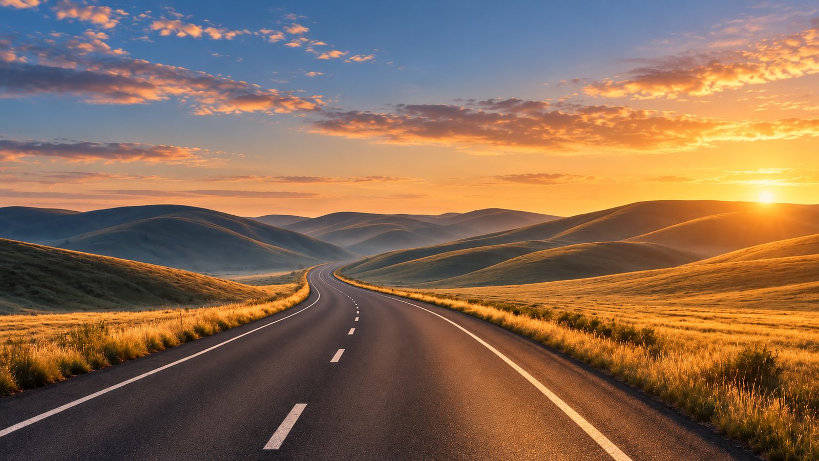 Winding road into rolling hills at golden hour, with a blue sky and warm sunset
